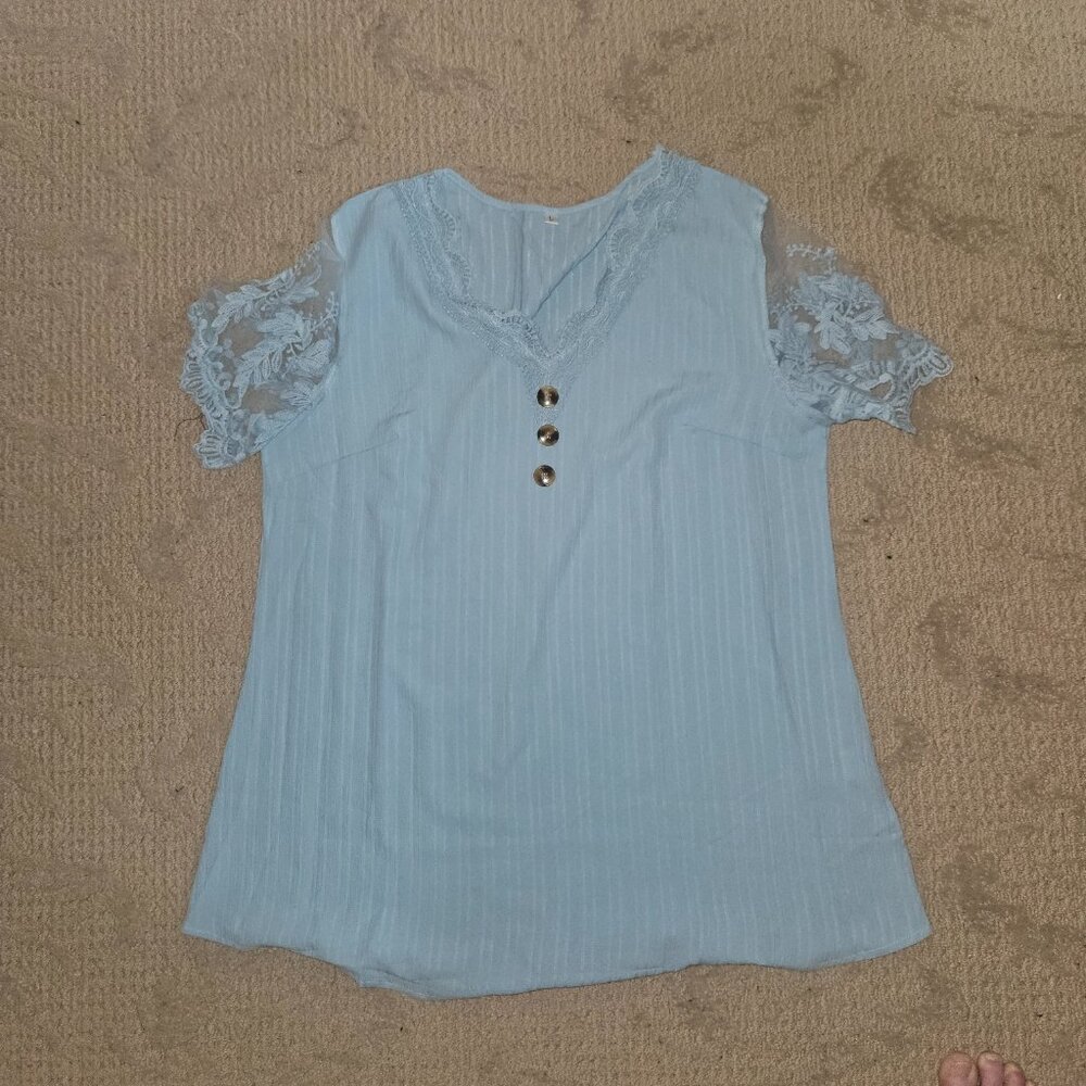 MODLILY® Dusty Blue Lace Short Sleeve T Shirt - Large